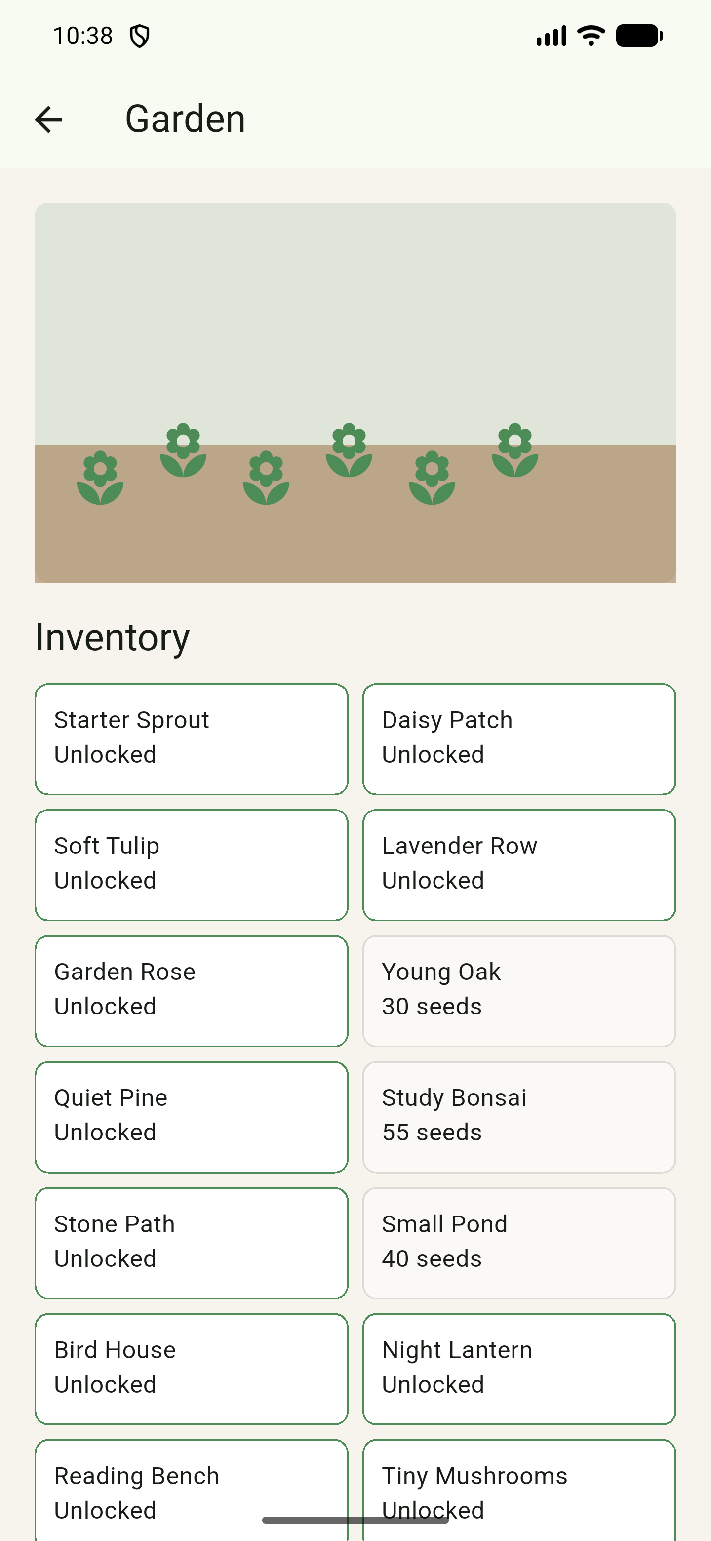Focus Garden virtual garden collection screen