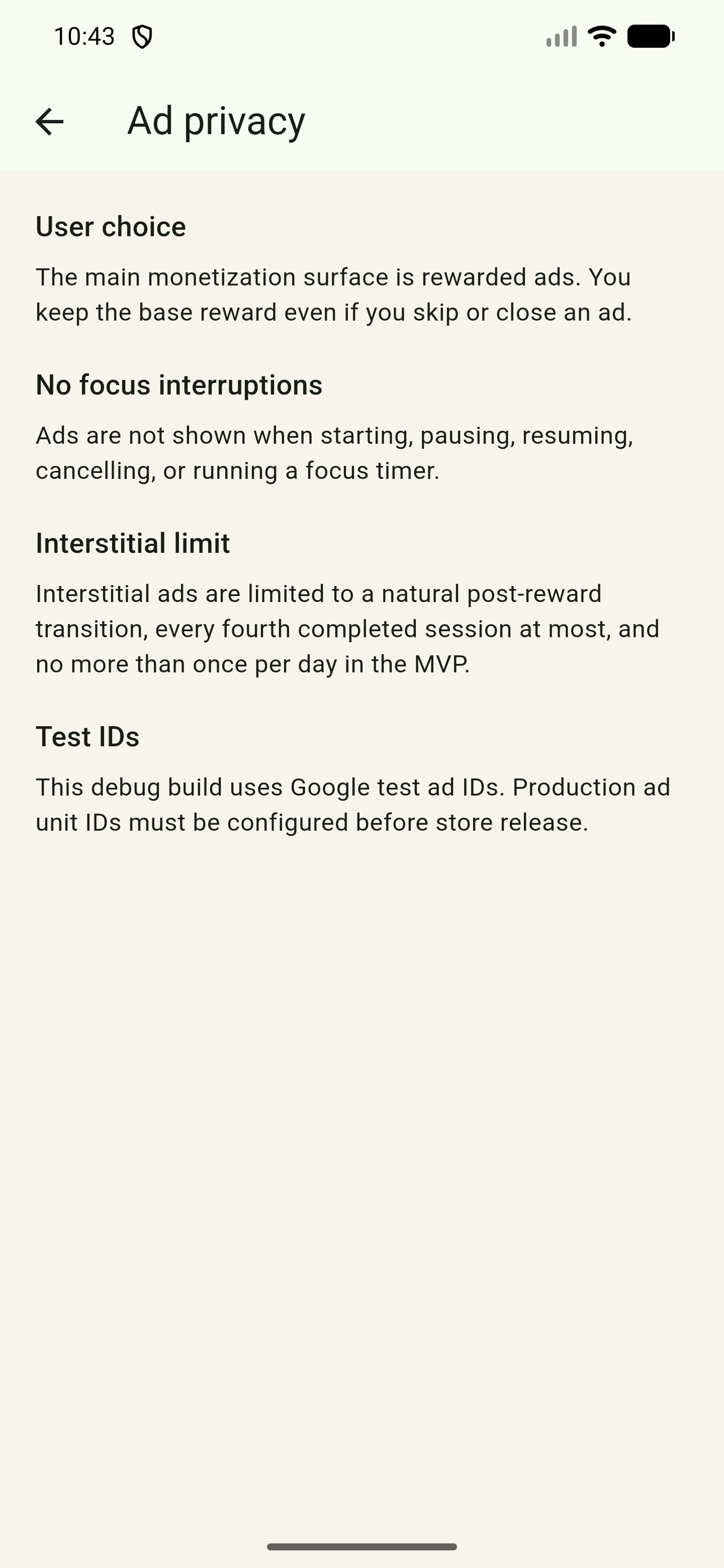 Ad privacy screen explaining reward and focus interruption rules